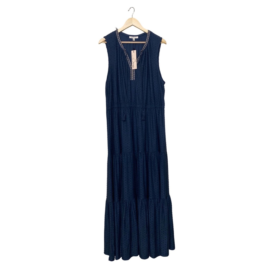 Les Serein Navy Blue Swiss Dot Tiered Maxi‎ Dress Plus Size 3X NWT